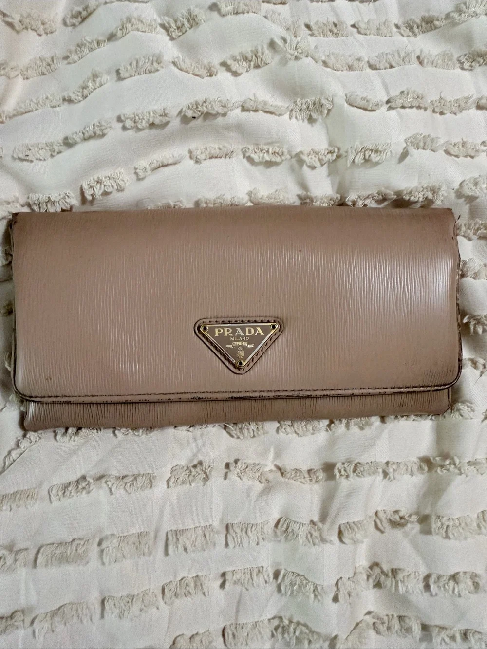 Prada Beige Leather Triangular Logo Wallet
